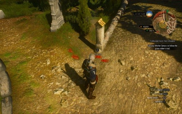 Use your Witcher Sense s to follow the grave robber's trail.