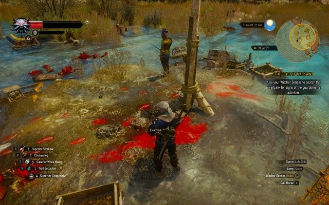 Use your Witcher Senses to search the riverbank for signs of the guardsmen's activities.