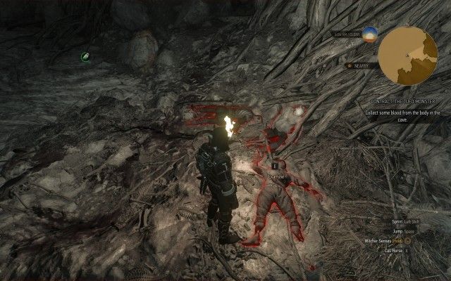 Collect some blood from the body in the cave.