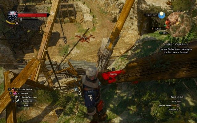 Use your Witcher Senses to investigate how the crane was damaged.